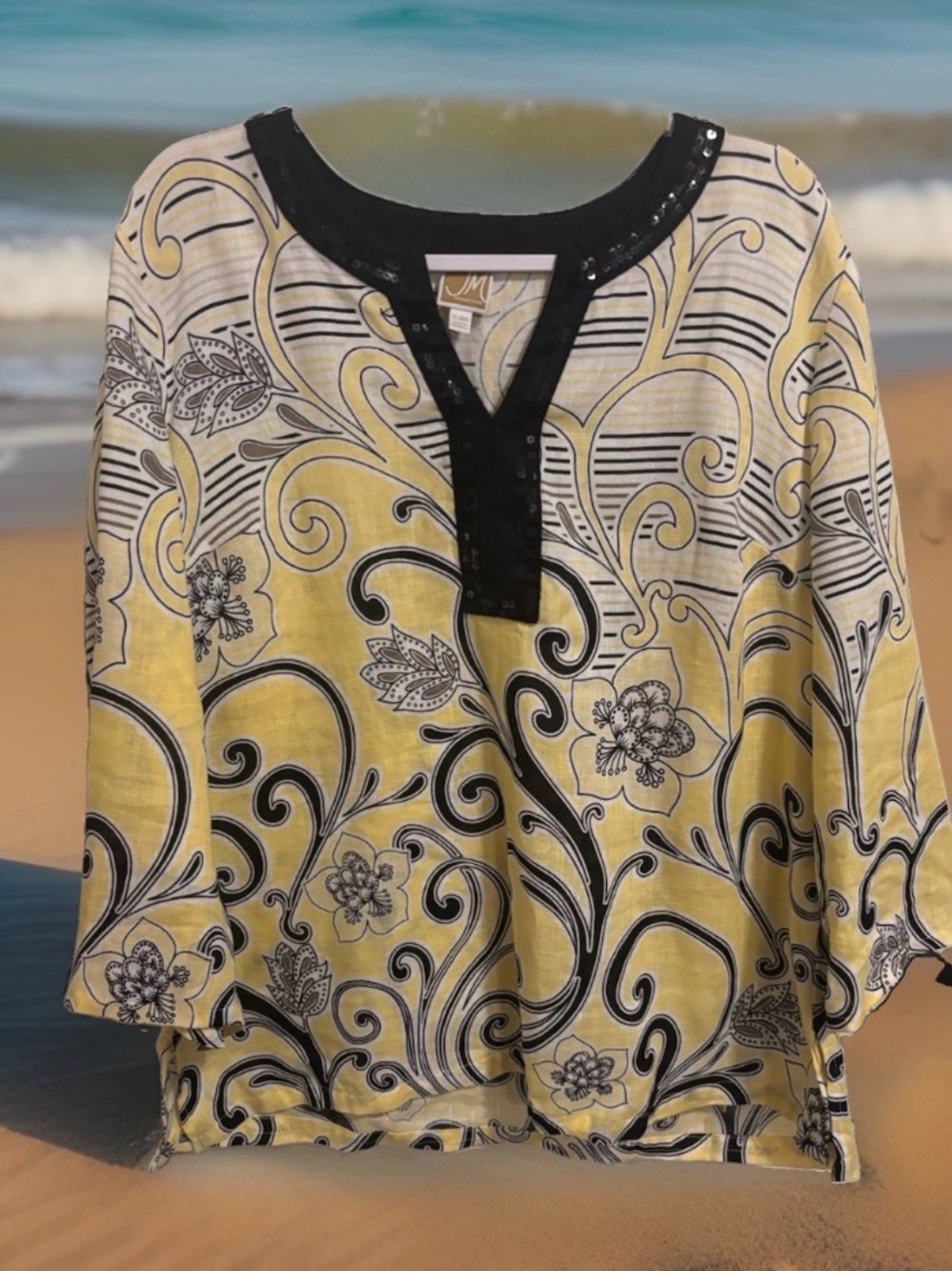 JM Collection Women’s XL Yellow Black White Floral V-Neck 3/4 Sleeve Blouse